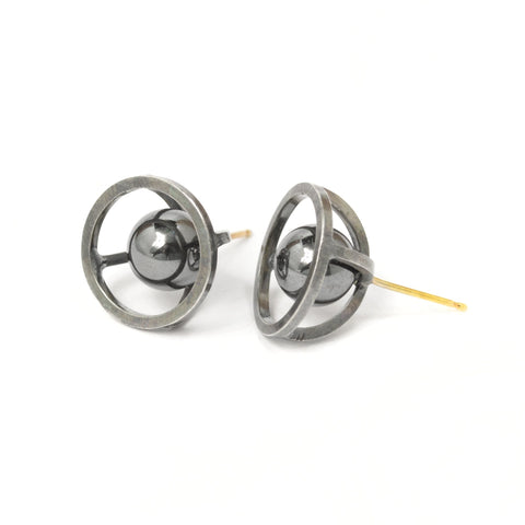Sphere of Reflection Stud Earrings in Sterling Silver, Dark Patina Finish, and Hematite