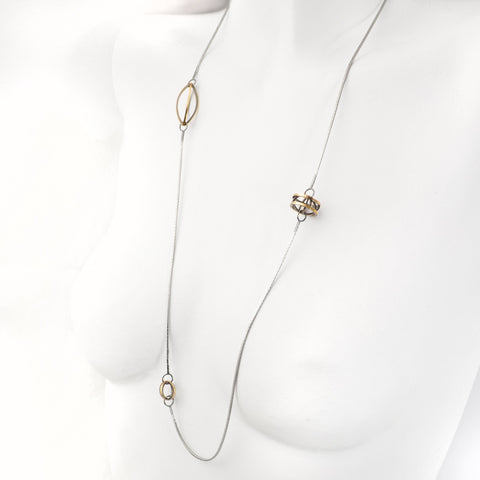 Lattis Long Necklace in Black and Gold with three Geometric Stations