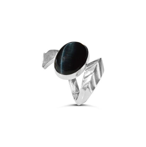Metropolis Voltage Ring in Sterling Silver with Rare Blue Hawks Eye Cabochon