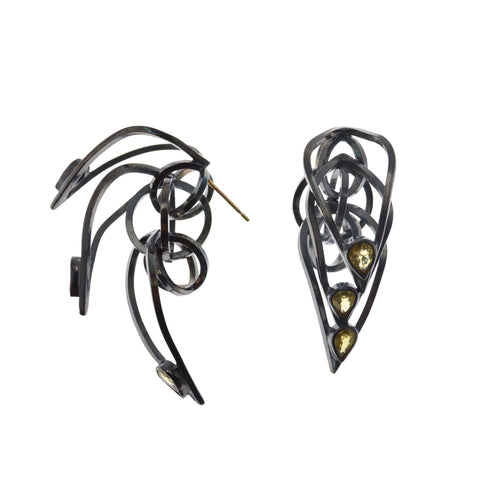 Tighra Earrings in Sterling Silver, Black Patina, Yellow Sapphires