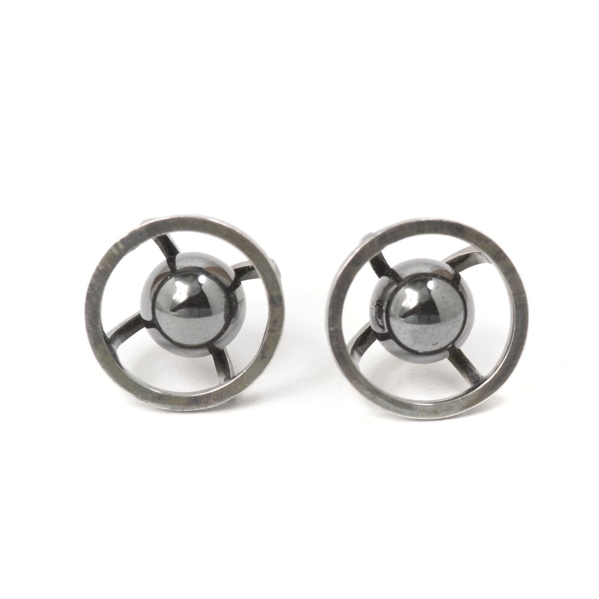 Sphere of Reflection Stud Earrings in Sterling Silver, Dark Patina Finish, and Hematite