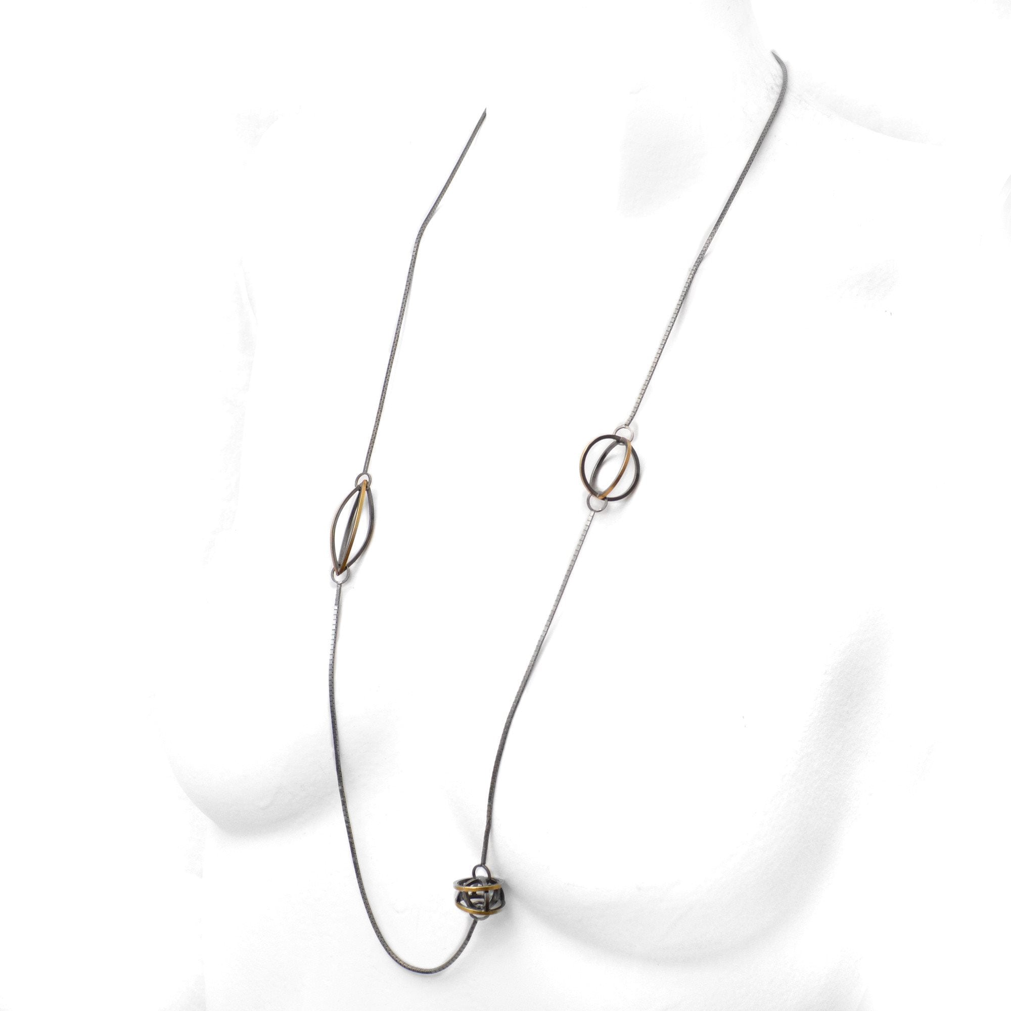 Lattis Long Necklace in Sterling Silver, 22k Gold and Black Patina for Contrast