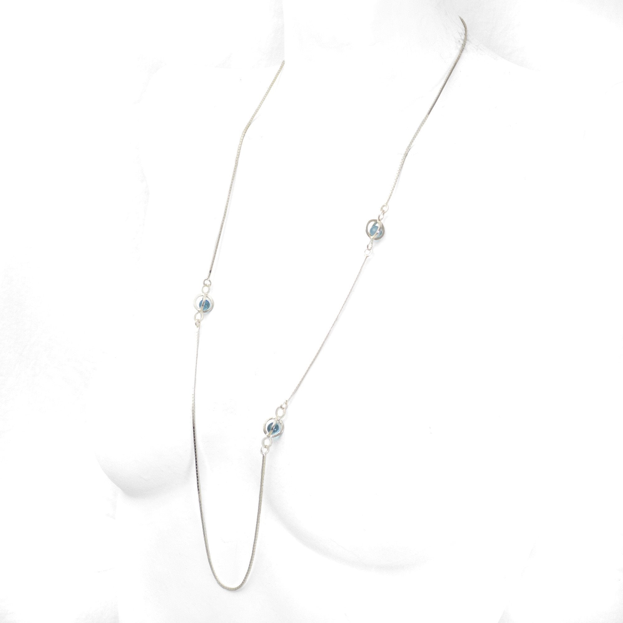 Earth Ocean Air Long Necklace in Sterling Silver, Blue Aura Crystal
