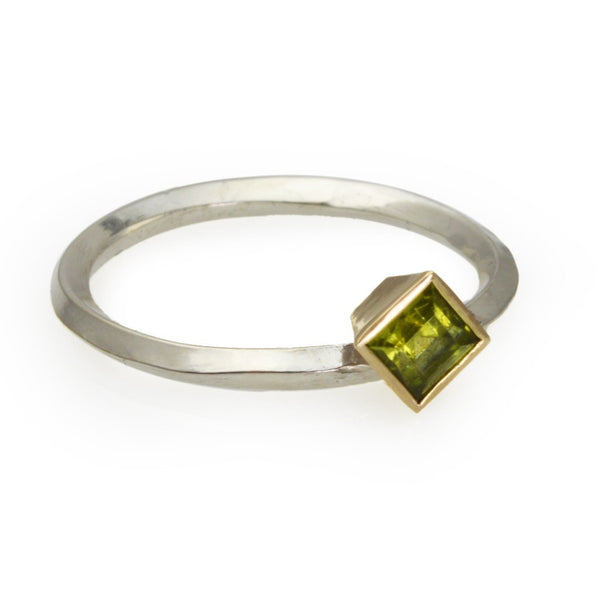 Square Peridot set in 14k gold on a Diamond Profile Sterling Silver Band