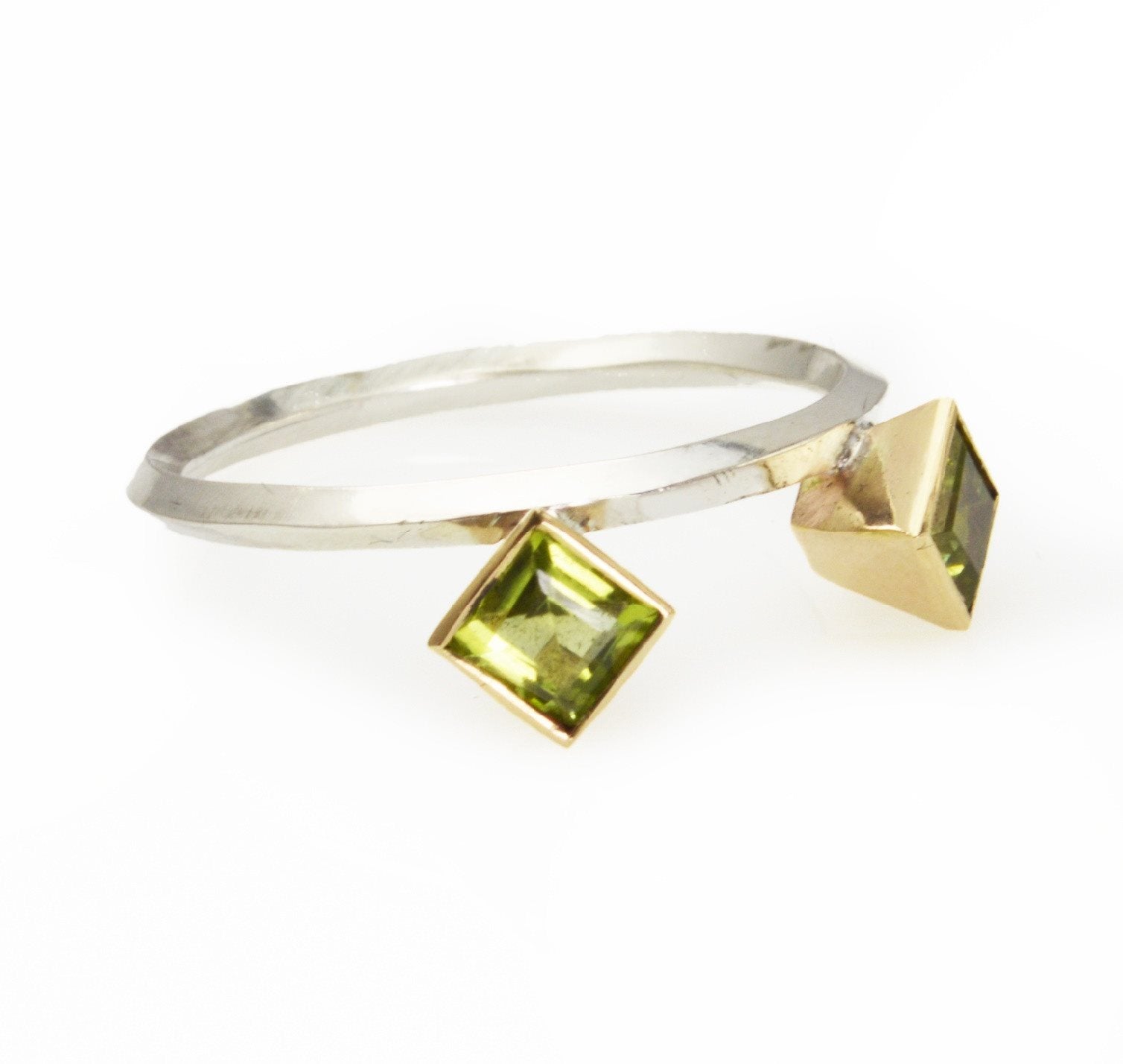 Two Square Peridots set in 14k Gold Geometric Stacking Ring