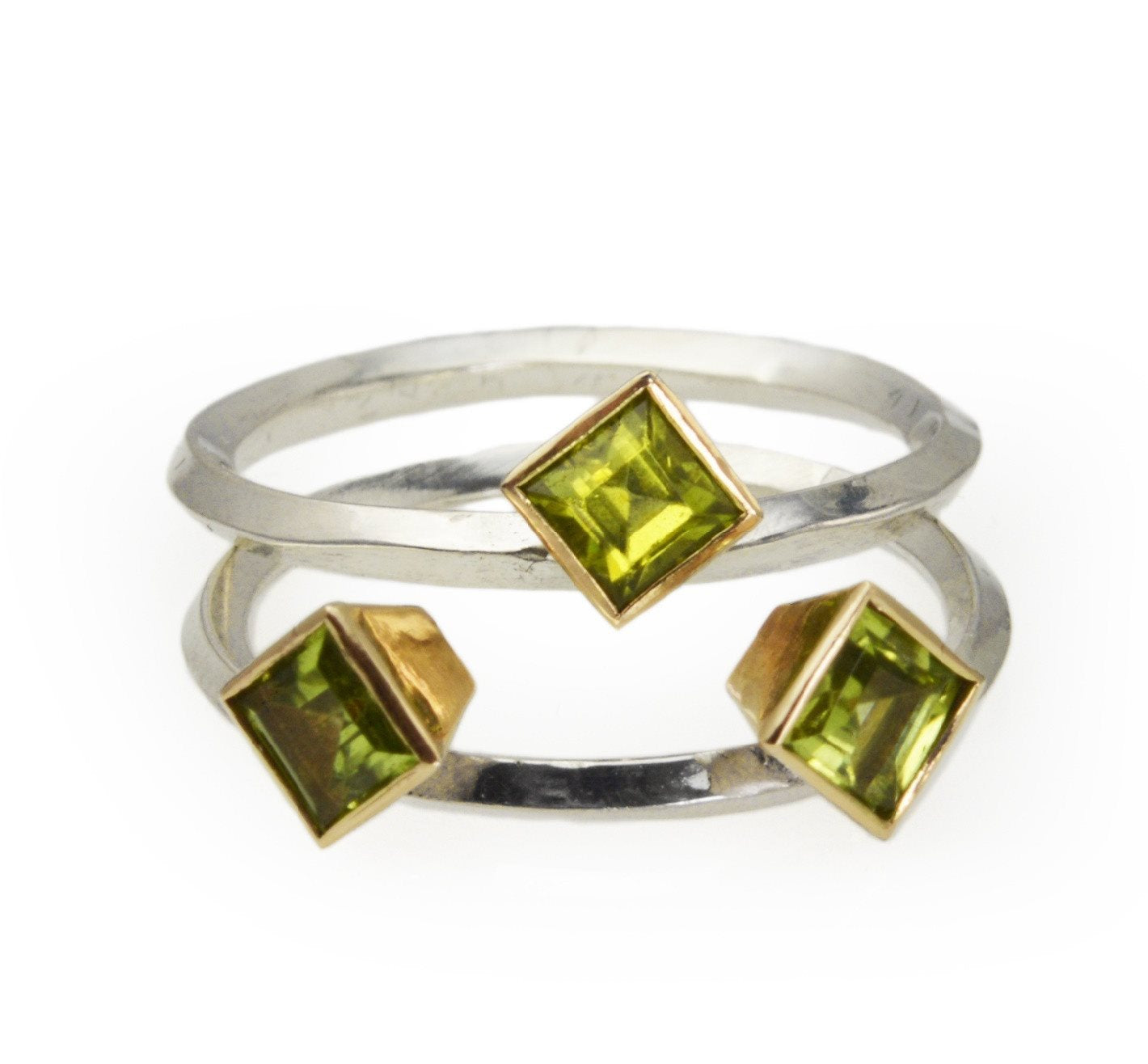 Two Square Peridots set in 14k Gold Geometric Stacking Ring