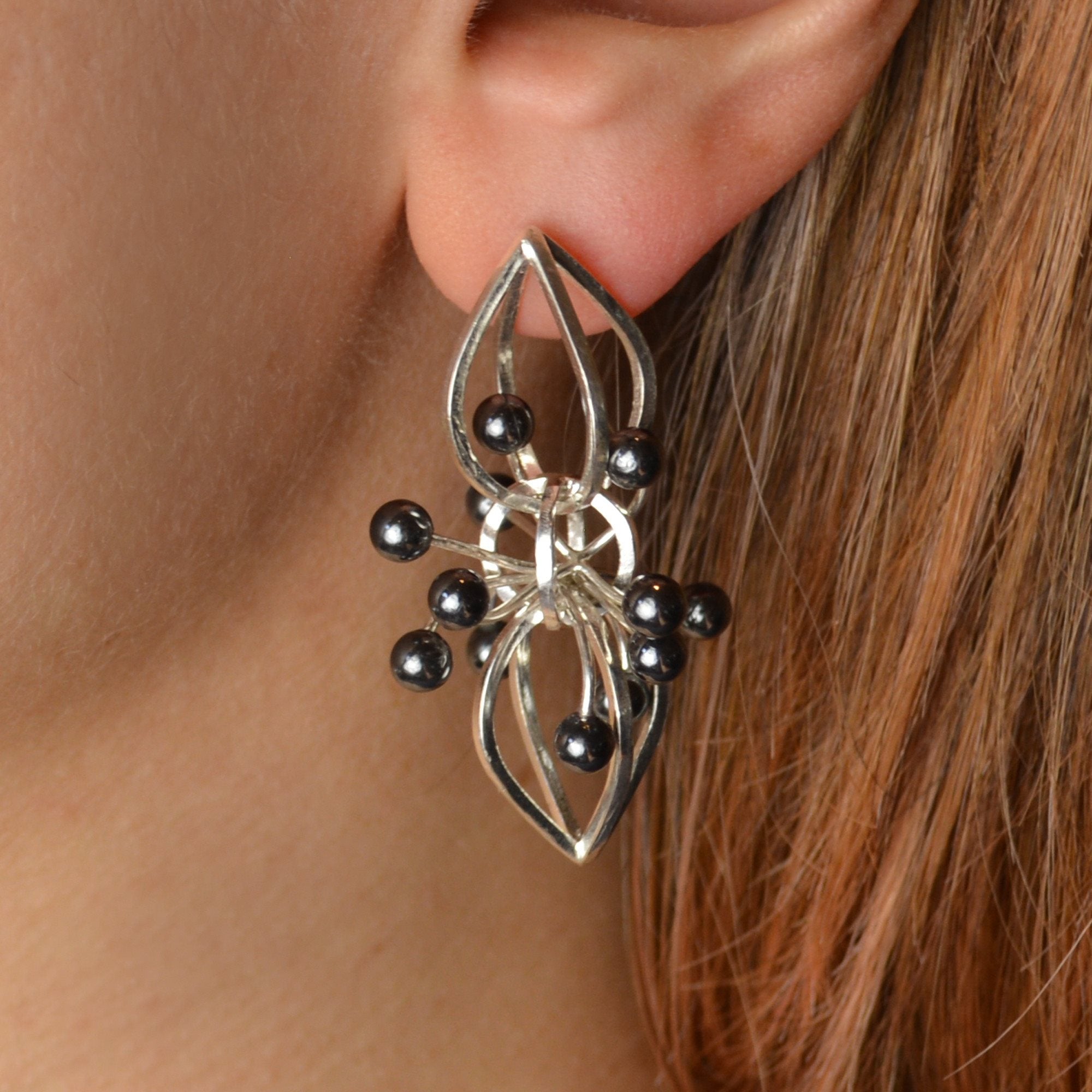 White Comet Earrings in Sterling Silver and Hematite