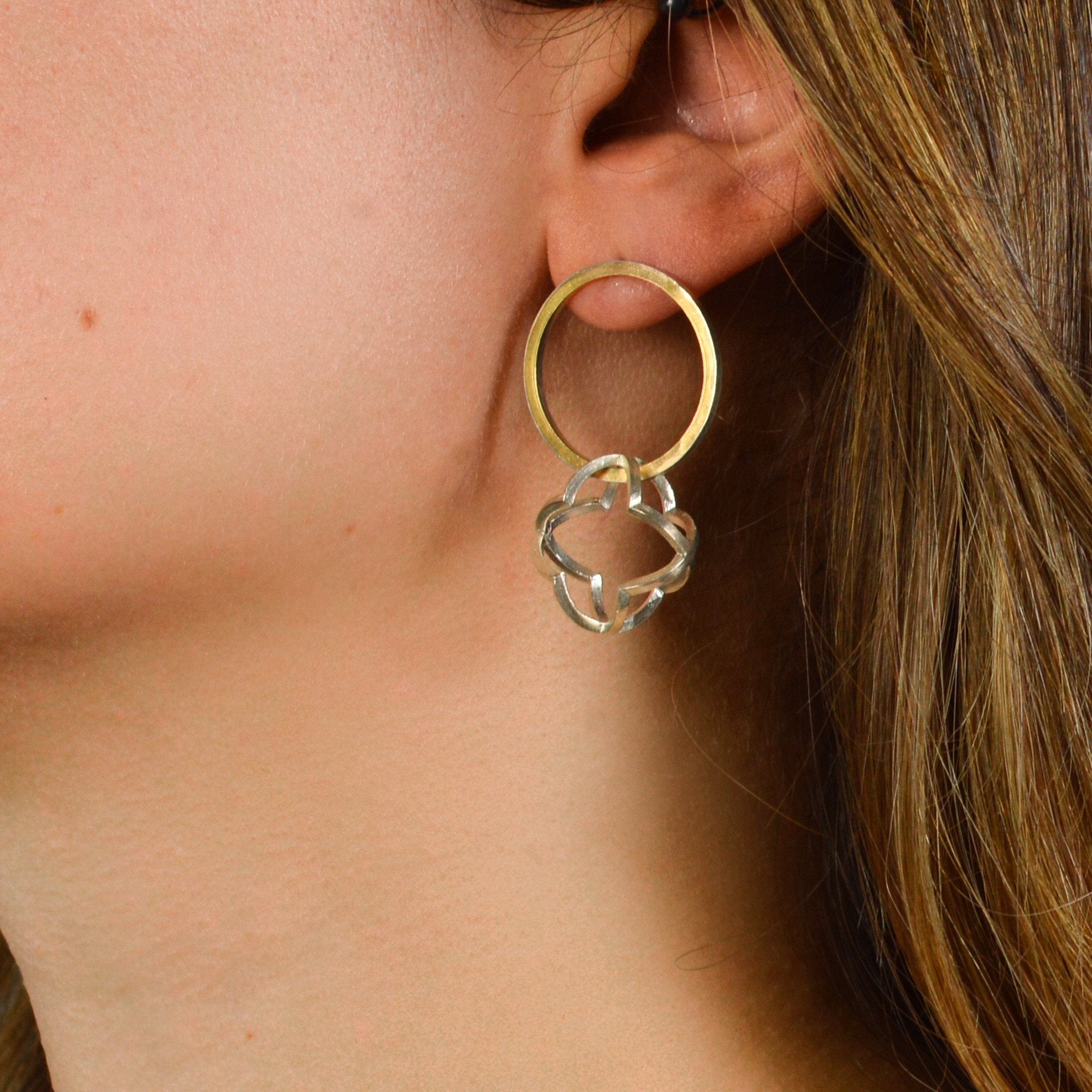 Quatrefoil Orbit Hoop Earrings in 22k gold and sterling silver