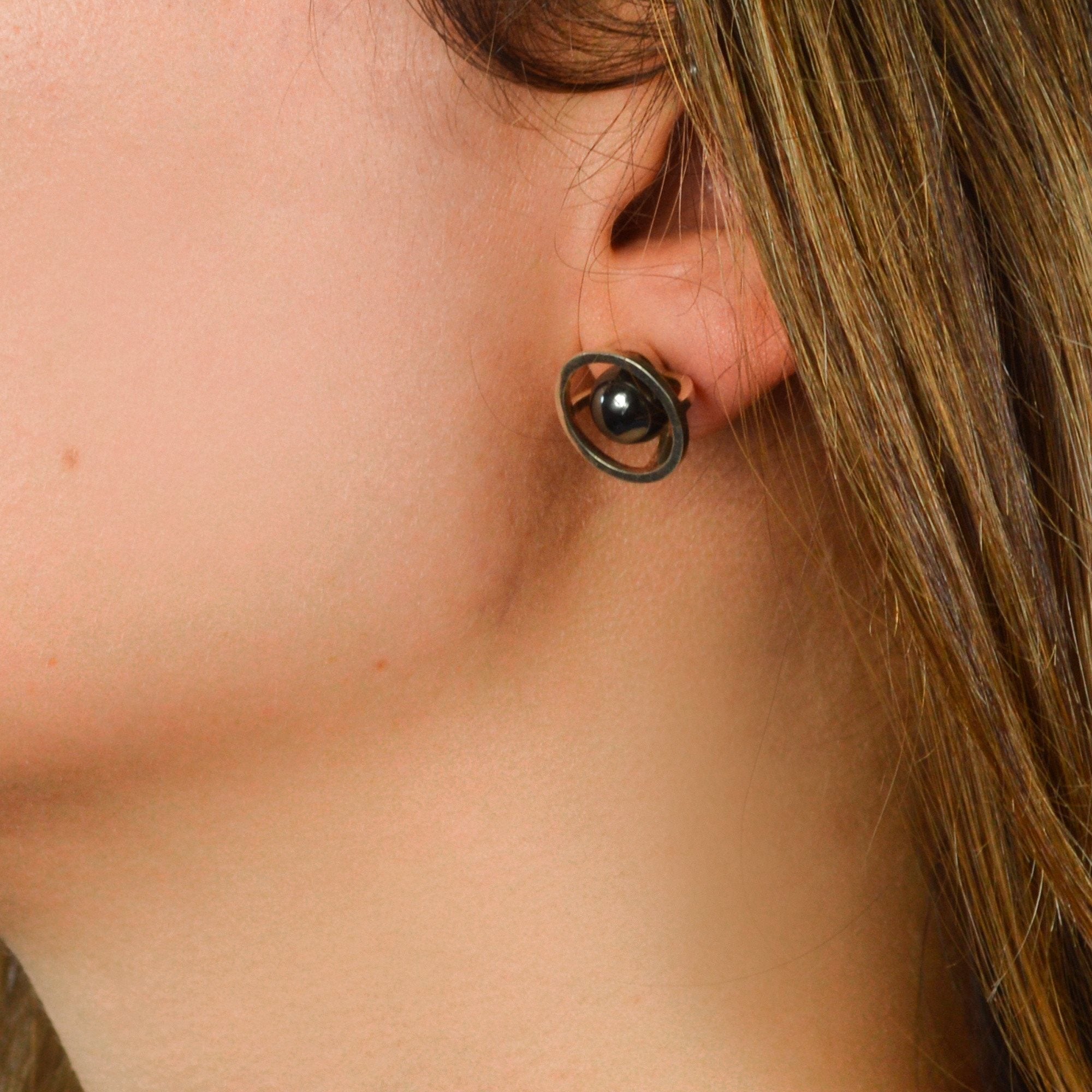 Sphere of Reflection Stud Earrings in Sterling Silver, Dark Patina Finish, and Hematite