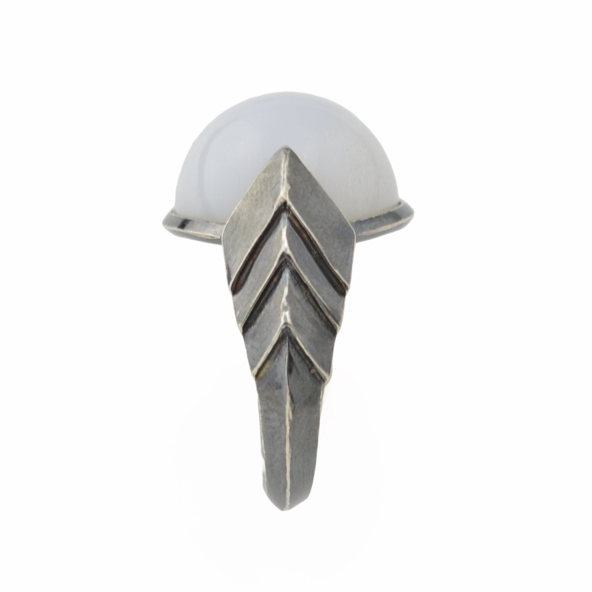 Metropolis Chevron Ring in darkened sterling silver with White Agatized Wood from Australia