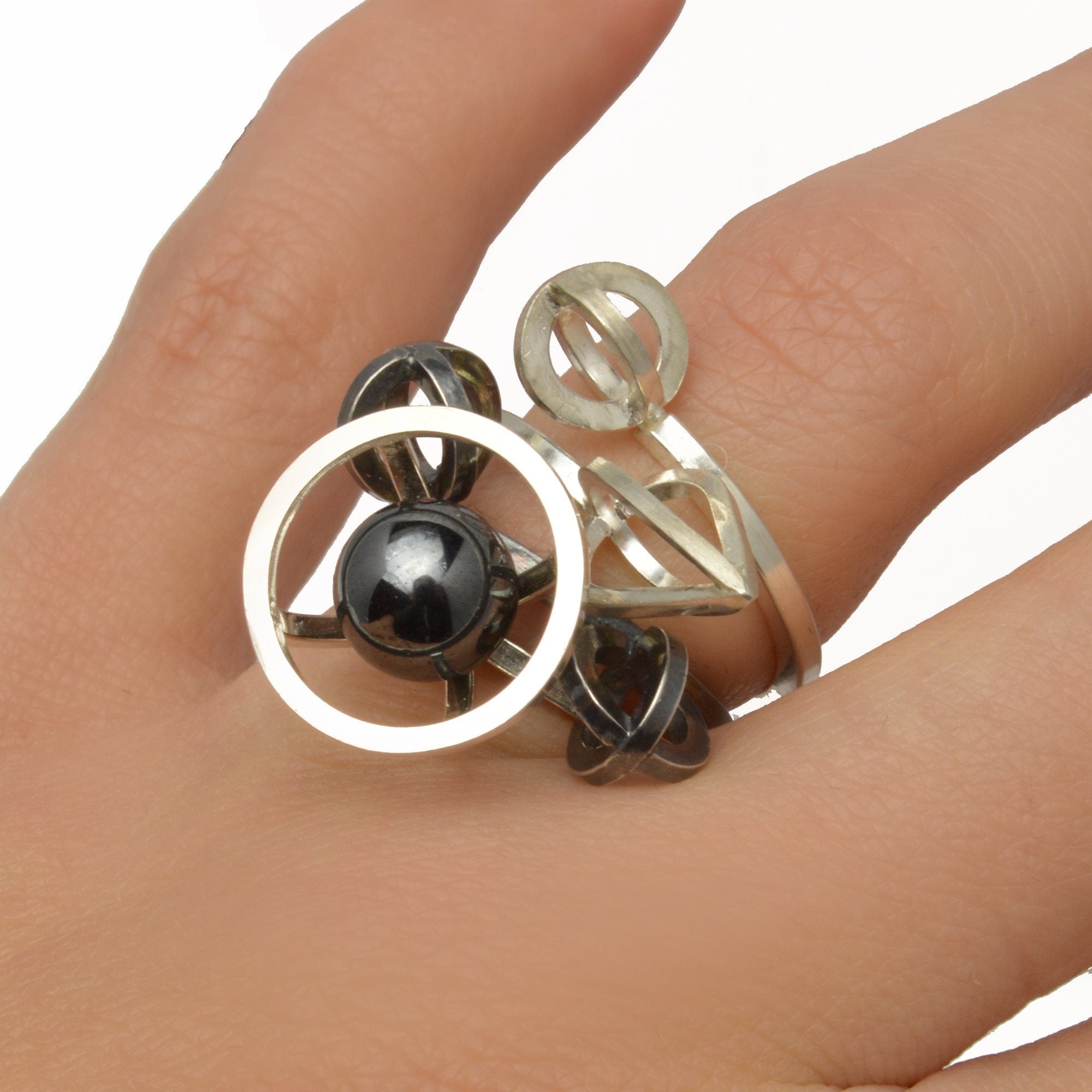 Sphere of Reflection Metropolis Stacking Ring in Sterling Silver and Hematite