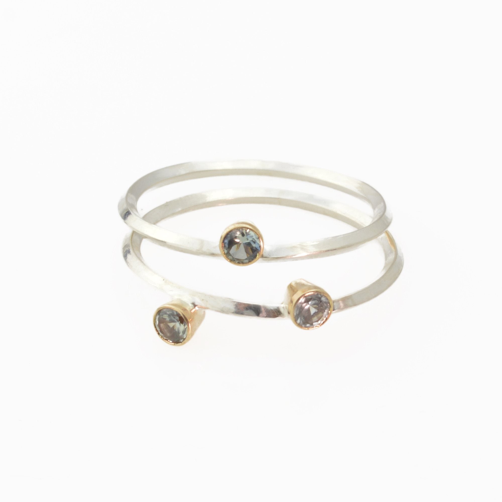 Metropolis Two Montana Sapphires Stacking Ring in 14k Gold and Sterling Silver