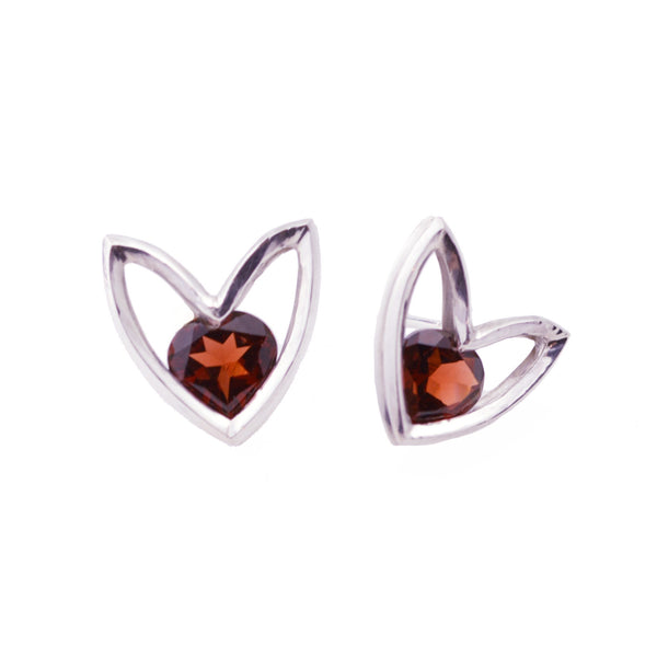 Flora-form Heart Stud Earrings in Sterling Silver with faceted Garnet