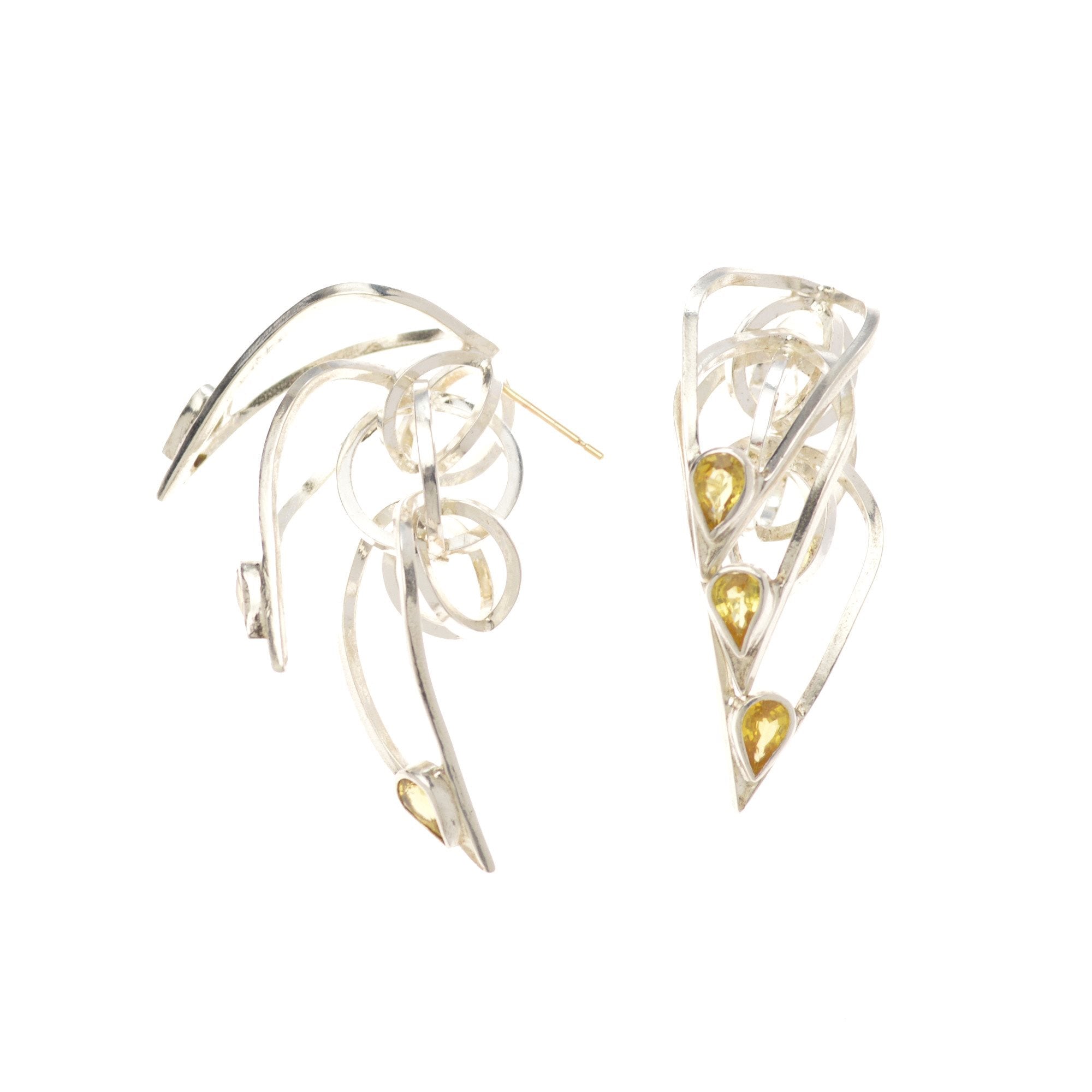 Tighra Earrings in Sterling Silver, Yellow Sapphires