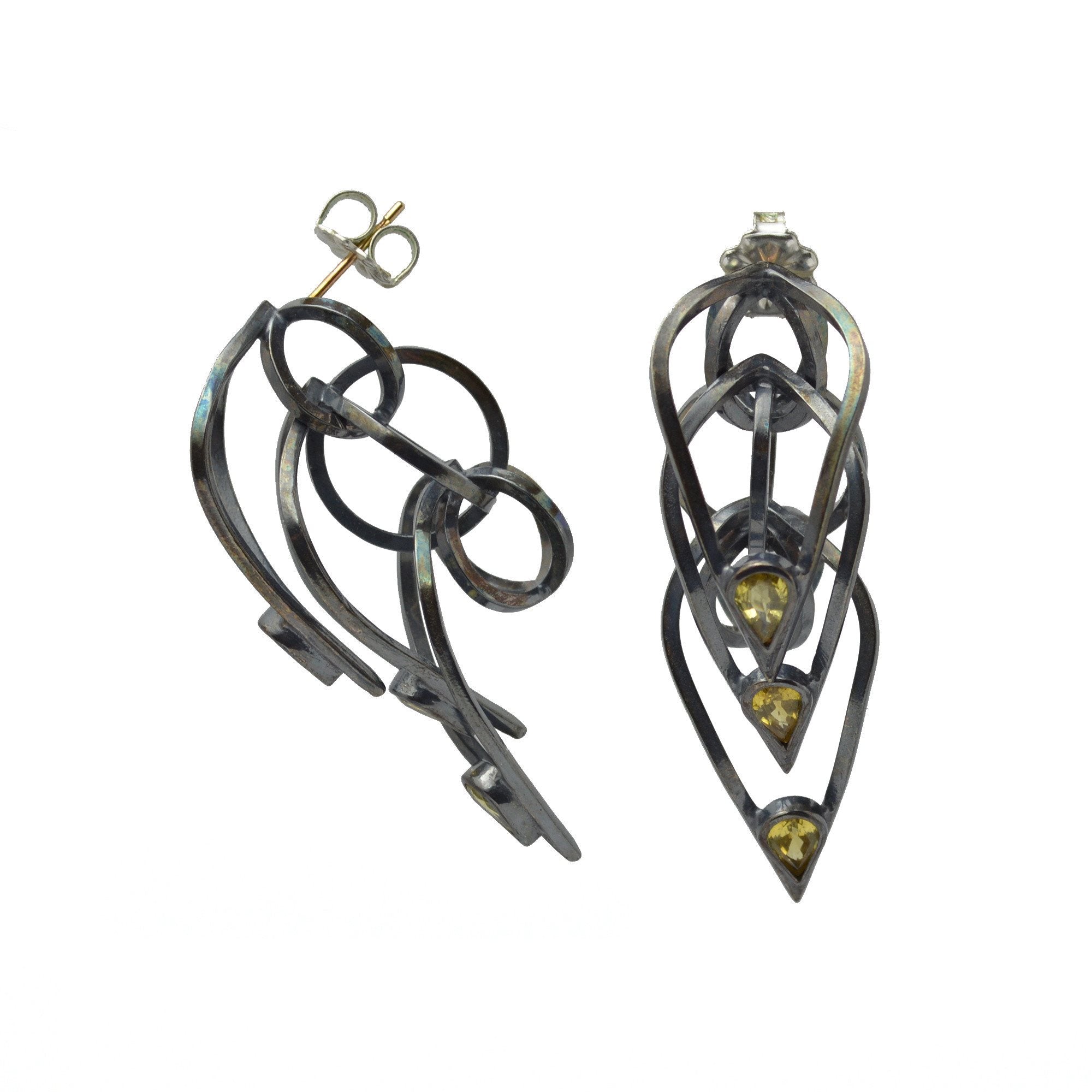 Tighra Earrings in Sterling Silver, Black Patina, Yellow Sapphires