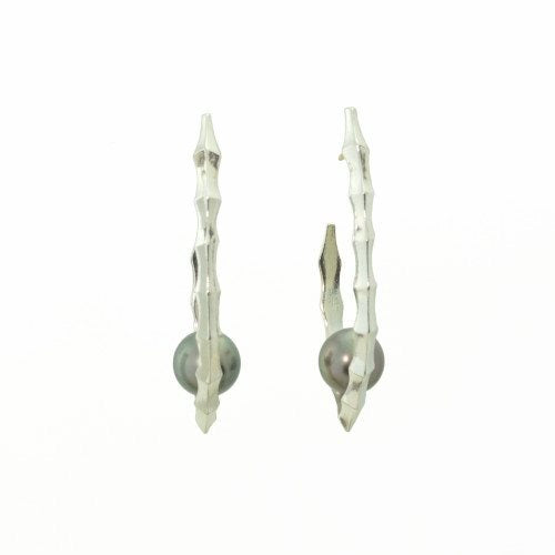 Ibex Hoop Earrings with Black Pearls in Sterling Silver