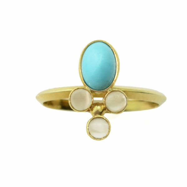 Turquoise, 14k Gold and Three Moonstone Ring