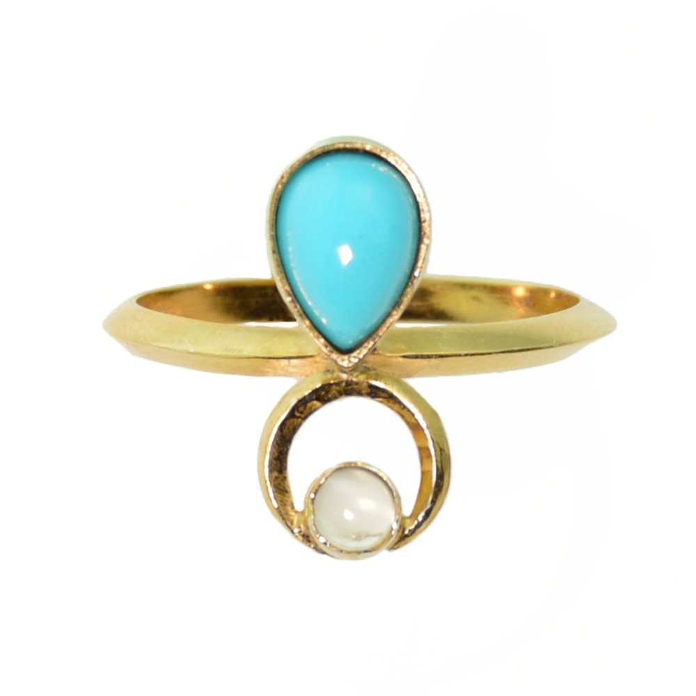 Turquoise in 14k Gold with Moonstone Crescent Moonstone Ring