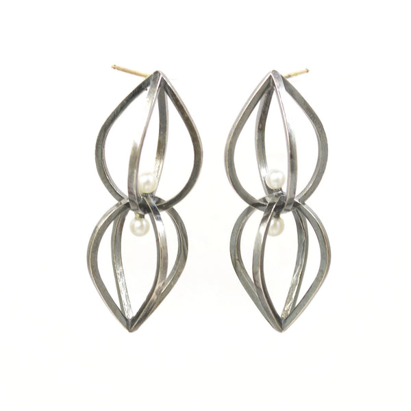 Seed Earrings in Sterling Silver, White Pearls and dark patina