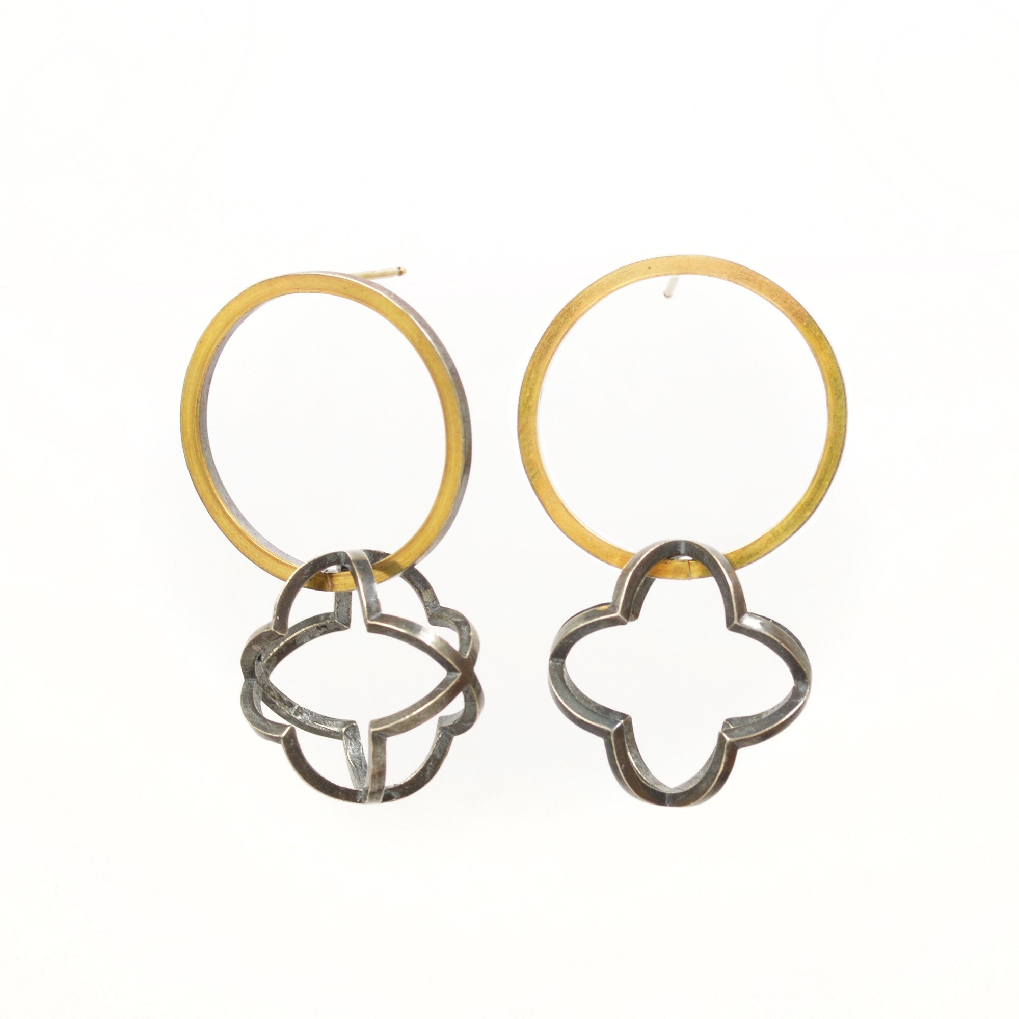 Quatrefoil Orbit Hoop Earrings in 22k gold, Sterling silver with Black Patina