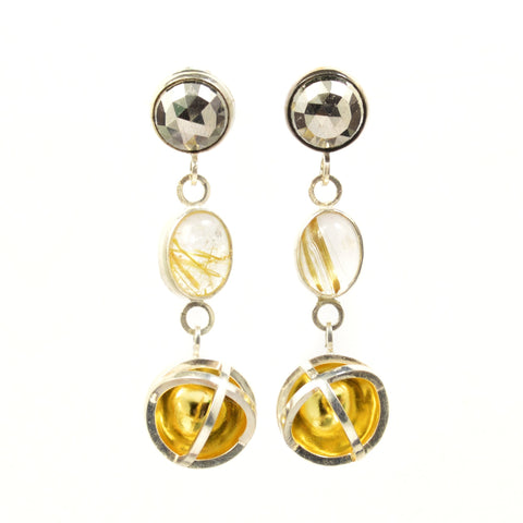 Earth Ocean Air Earrings in Sterling Silver, 22K Gold, Hematites and Rutile Quartz