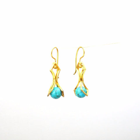Double Diamond Drop Earrings with Turquoise in 24k Gold on Sterling Silver