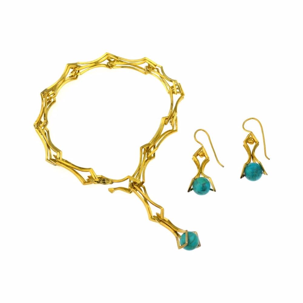 Double Diamond Drop Earrings with Turquoise in 24k Gold on Sterling Silver