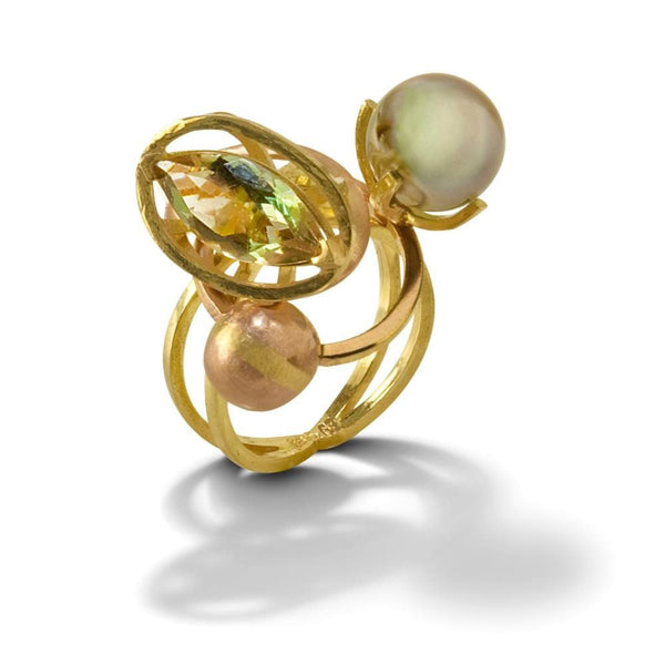 Sunstone Orbit Ring in 18k Gold with Oregon Sunstone Marquise and Pistachio Tahitian Pearl