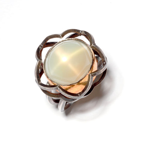 Pentafoil Ring in Sterling Silver and 22K Gold, Moonstone with a Star