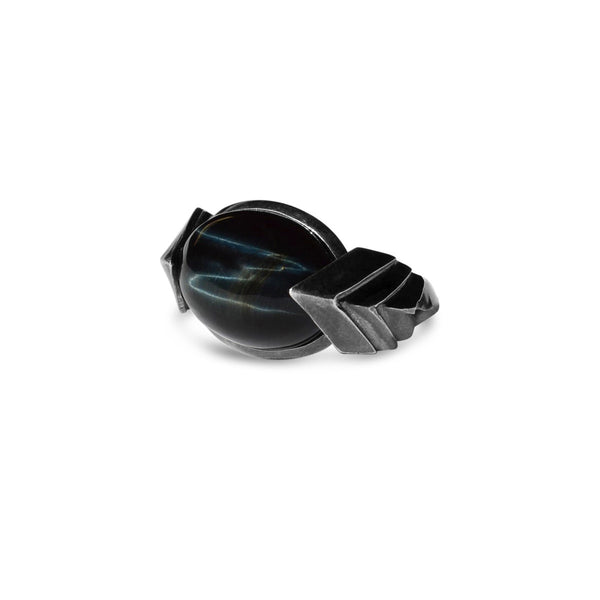 Metropolis Bolt Ring in Sterling Silver with Rare Blue Hawks Eye Cabochon in dark silver finish