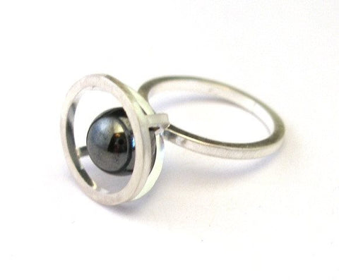 Sphere of Reflection Metropolis Stacking Ring in Sterling Silver and Hematite