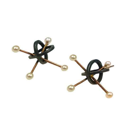 Quark Stud Earrings in Sterling Silver, 14k gold and Pearls